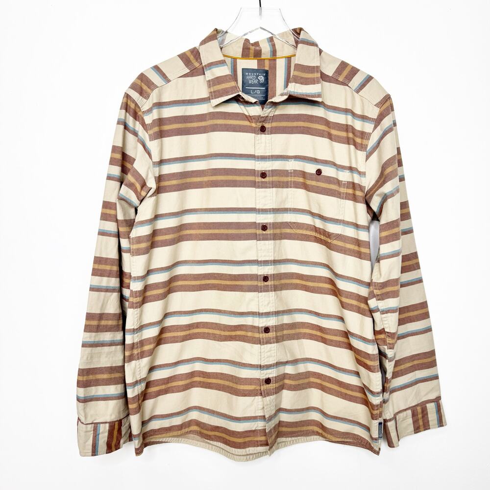Mountain Hardwear Men's Long Sleeve Tan Striped Button Front Shirt L